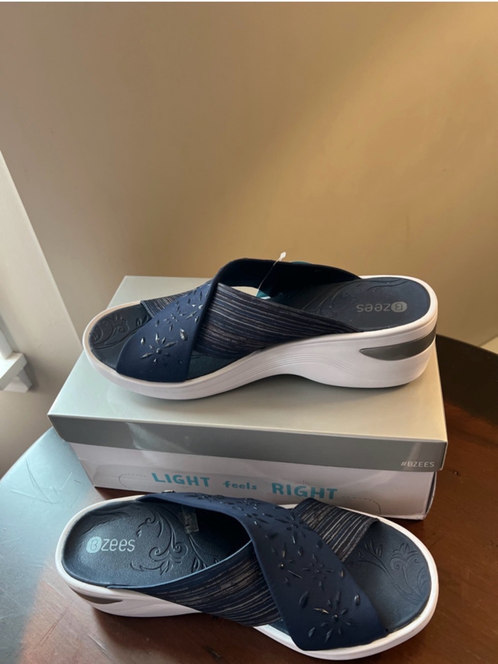 Bzees Navy and White Slip-On Wedge Sandals